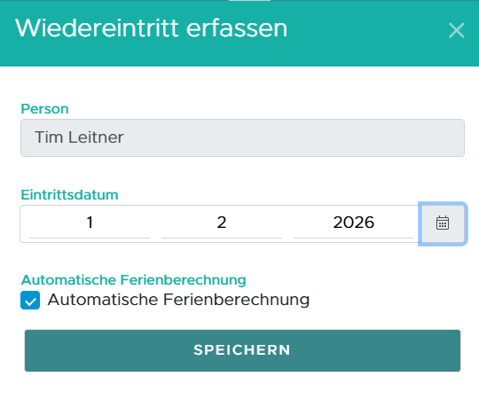 Wiedereintritt setzen inklusive automatische Feriengutschrift