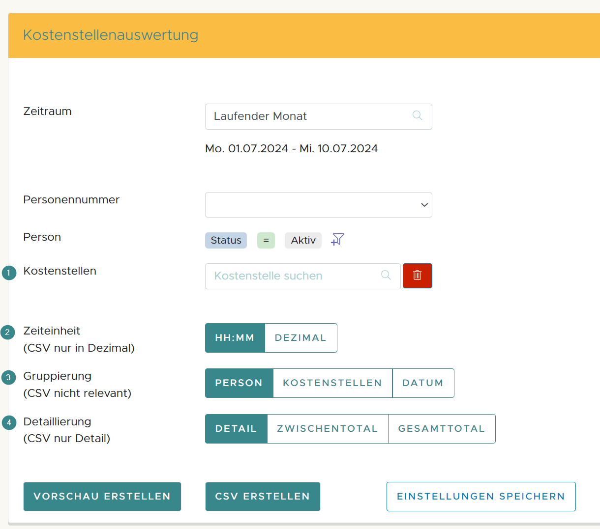 Kostenstellenauswertung Einstellungen