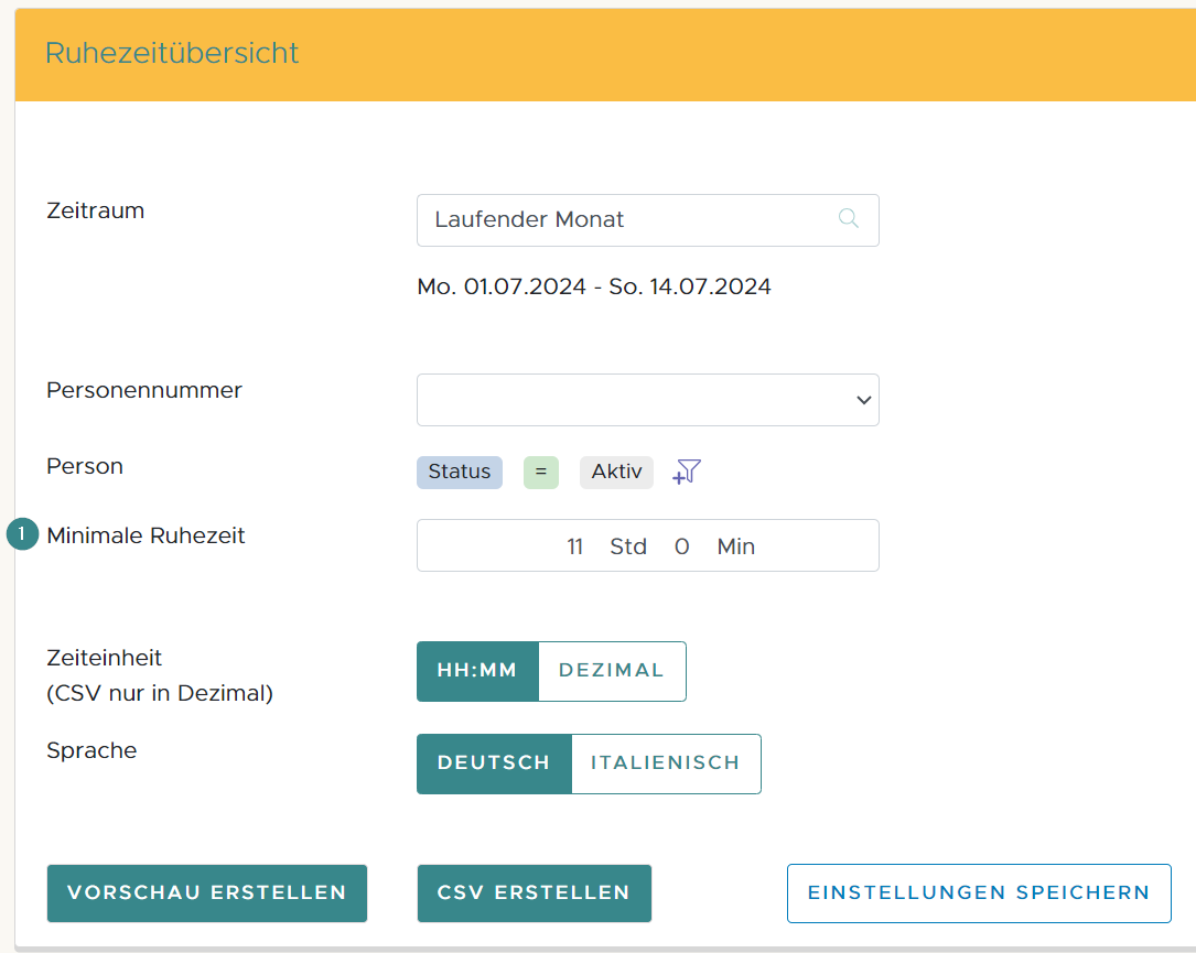 Auswertung Ruhetagsübersicht - Einstellungen