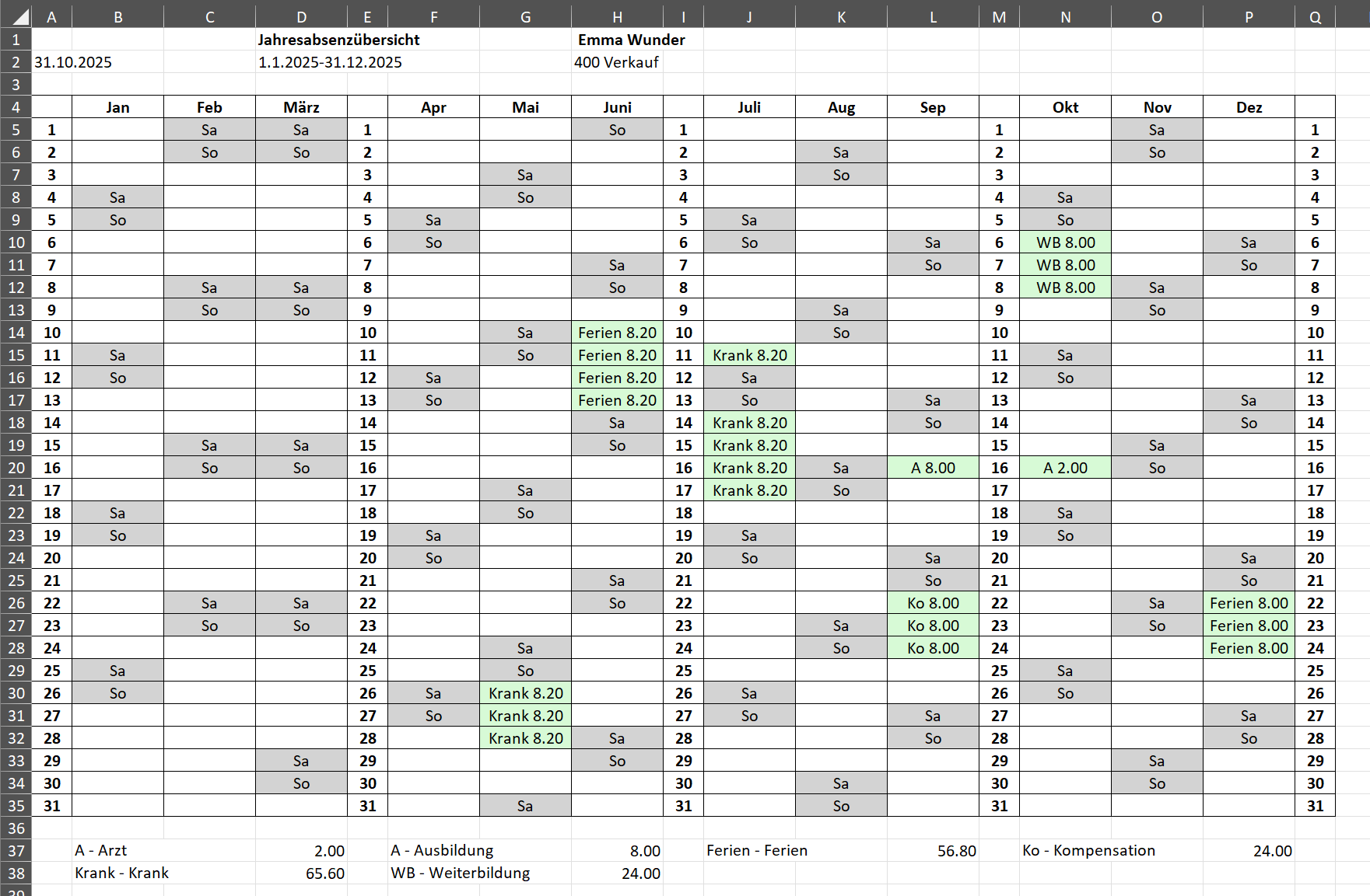Jahresabsenzübersicht Excel-Export
