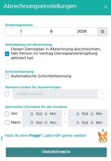 Dienstplan Abrechnungseinstellungen