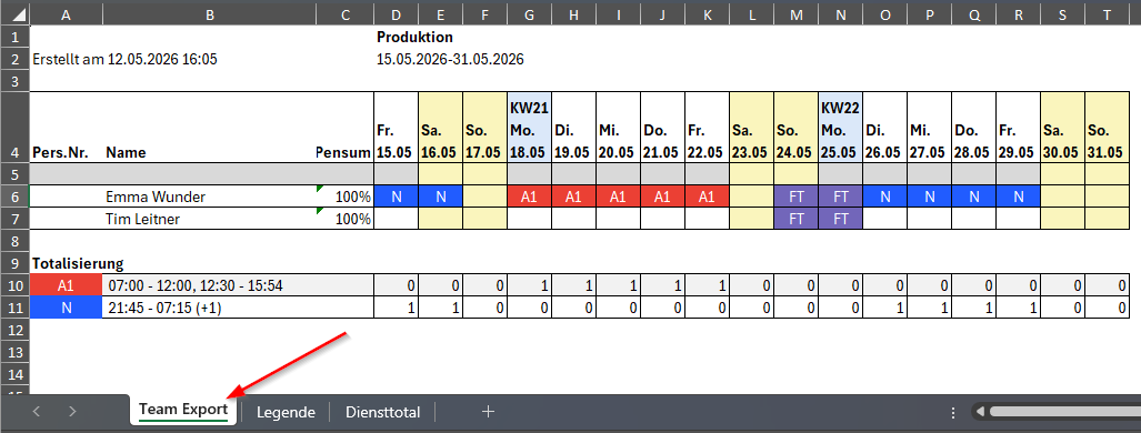 Planung Export Excel